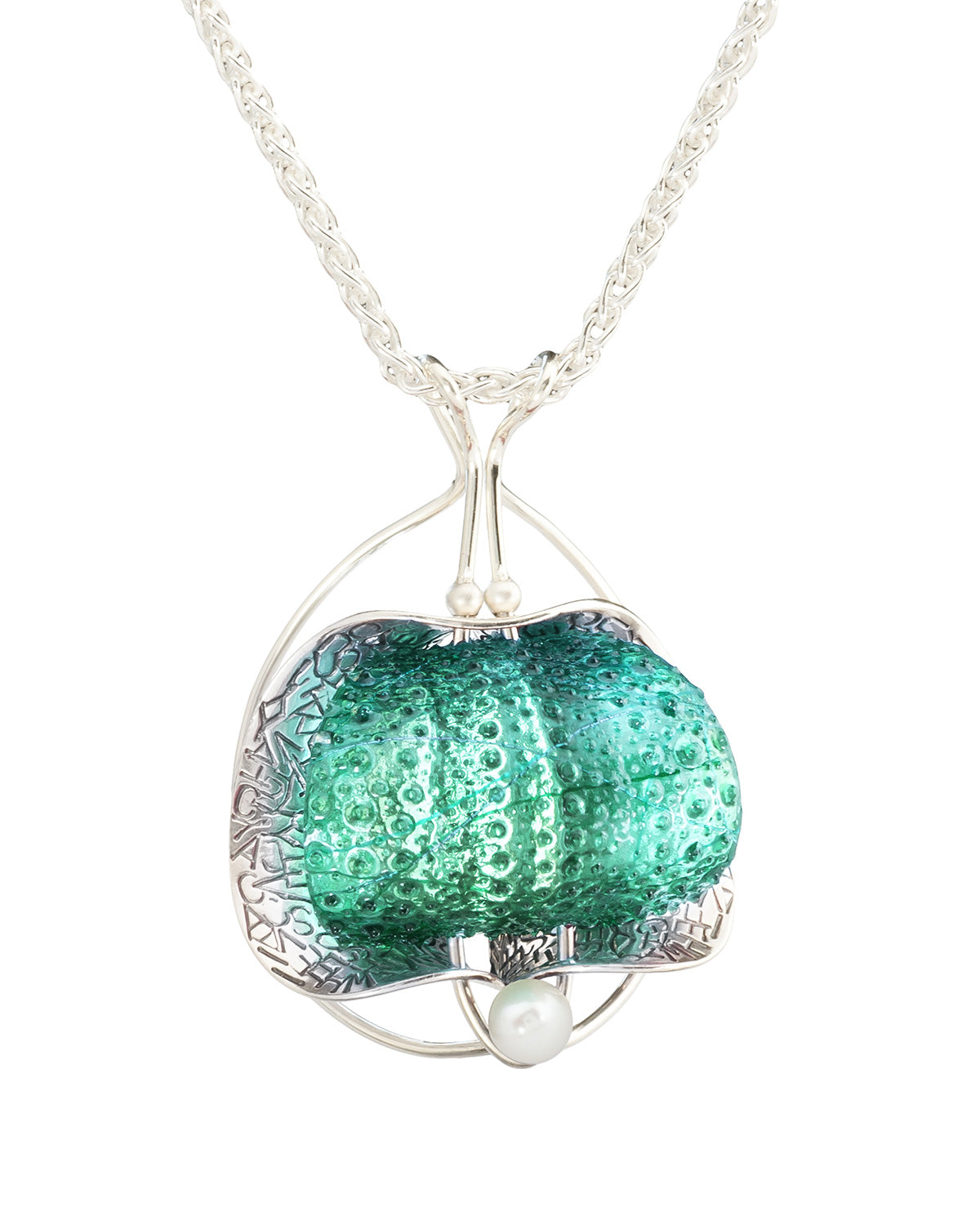 resin and silver necklace with pearl: teal