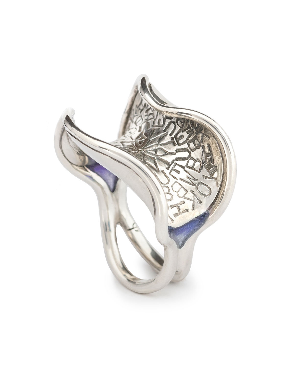 silver ring with letter carvings: blue