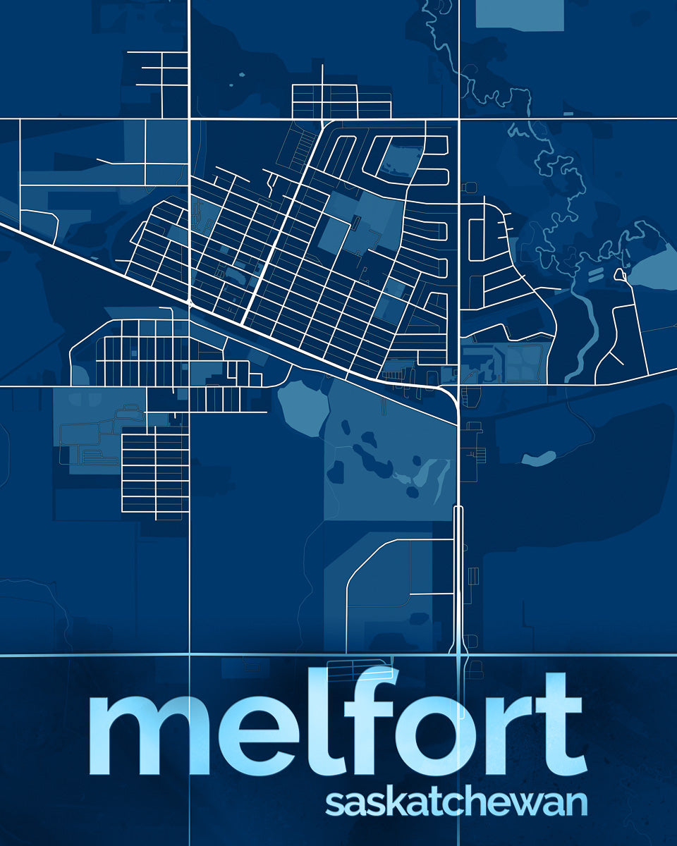 Blue and white map of Melfort