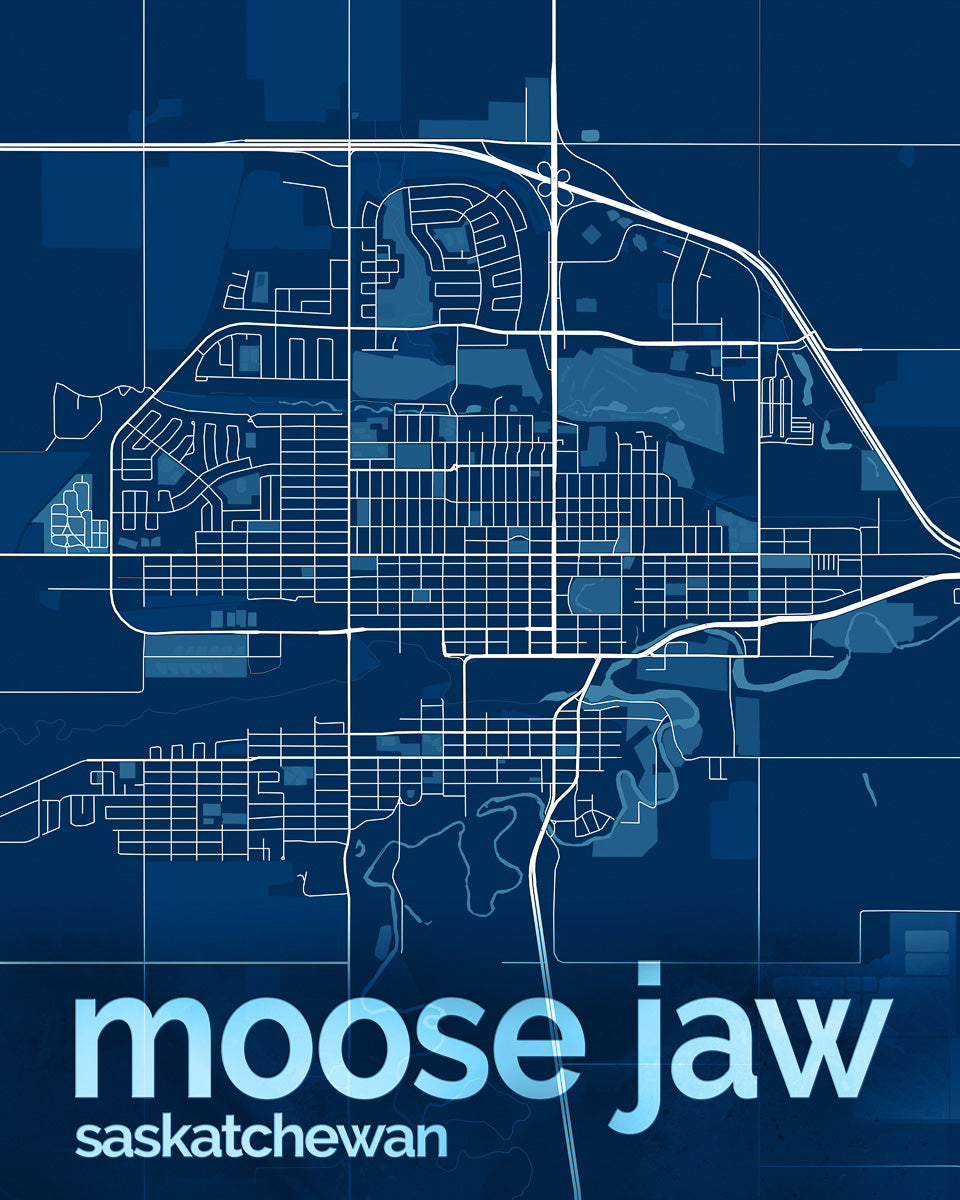 Blue and white map of Moose Jaw