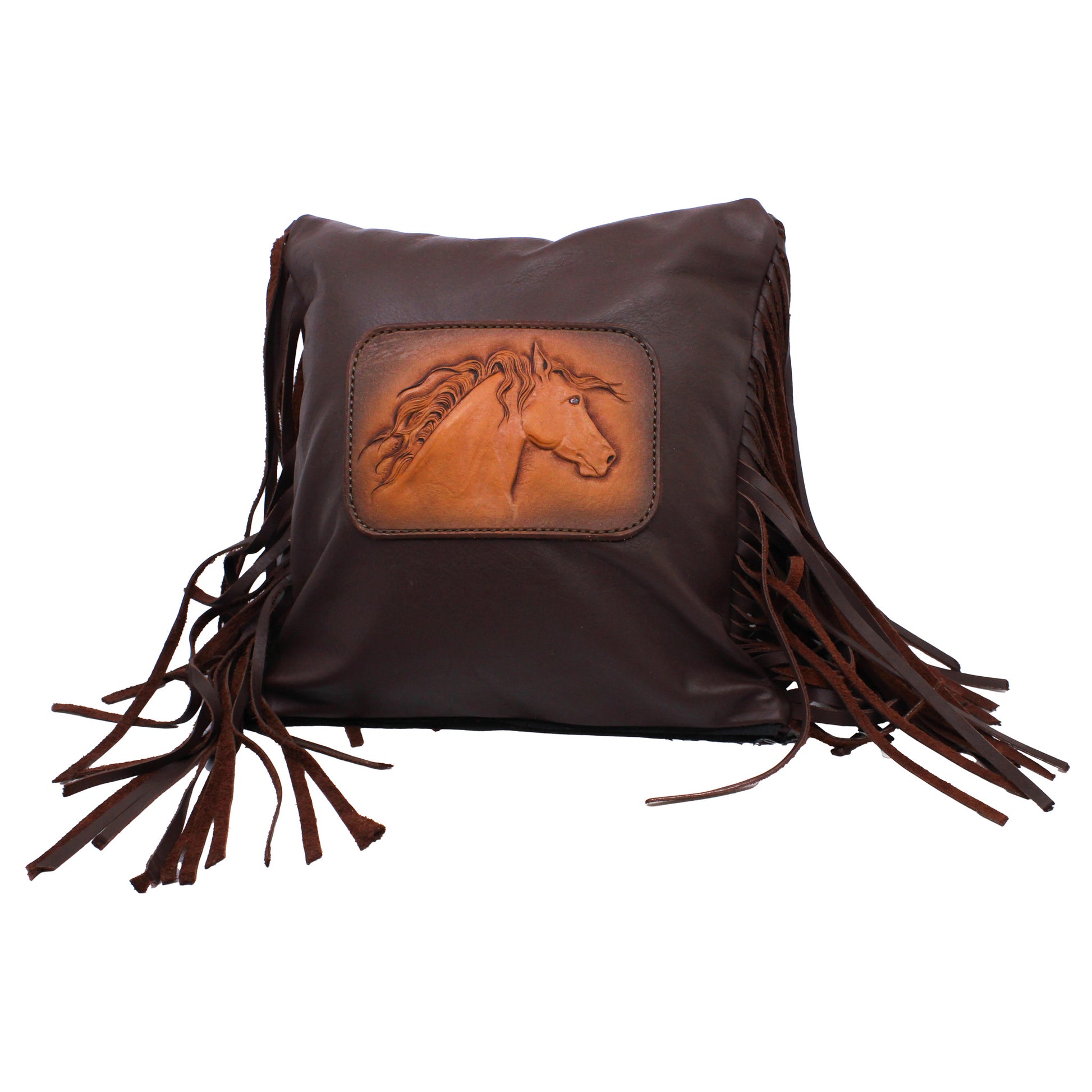 Brown leather pillow with fringe
