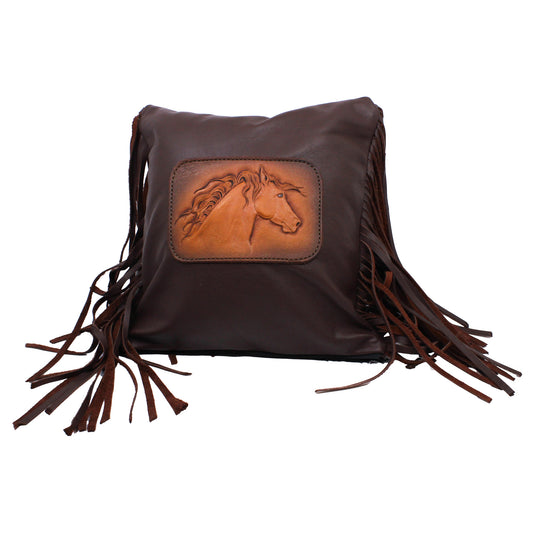 Brown leather pillow with fringe