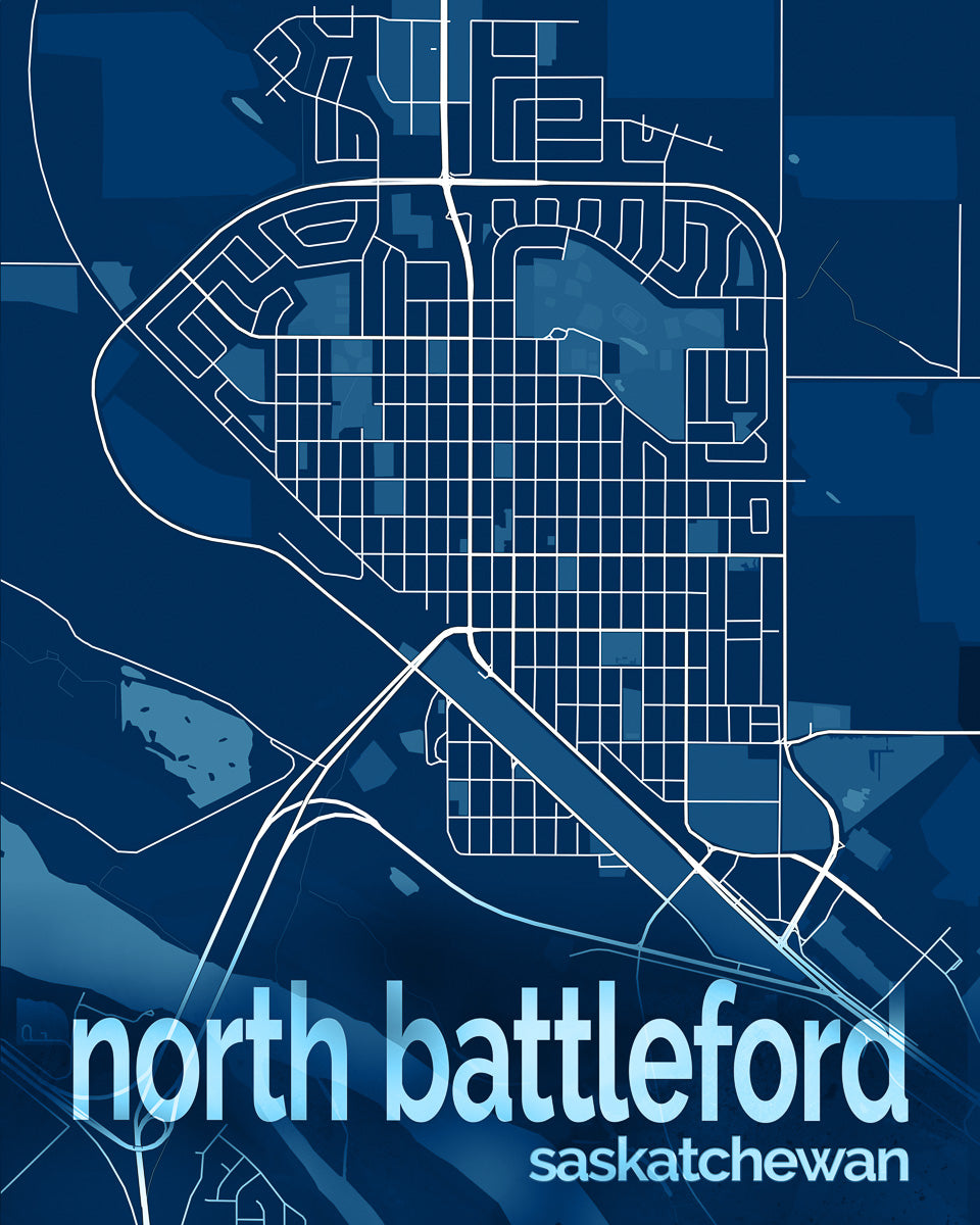 Blue and white map of North Battleford
