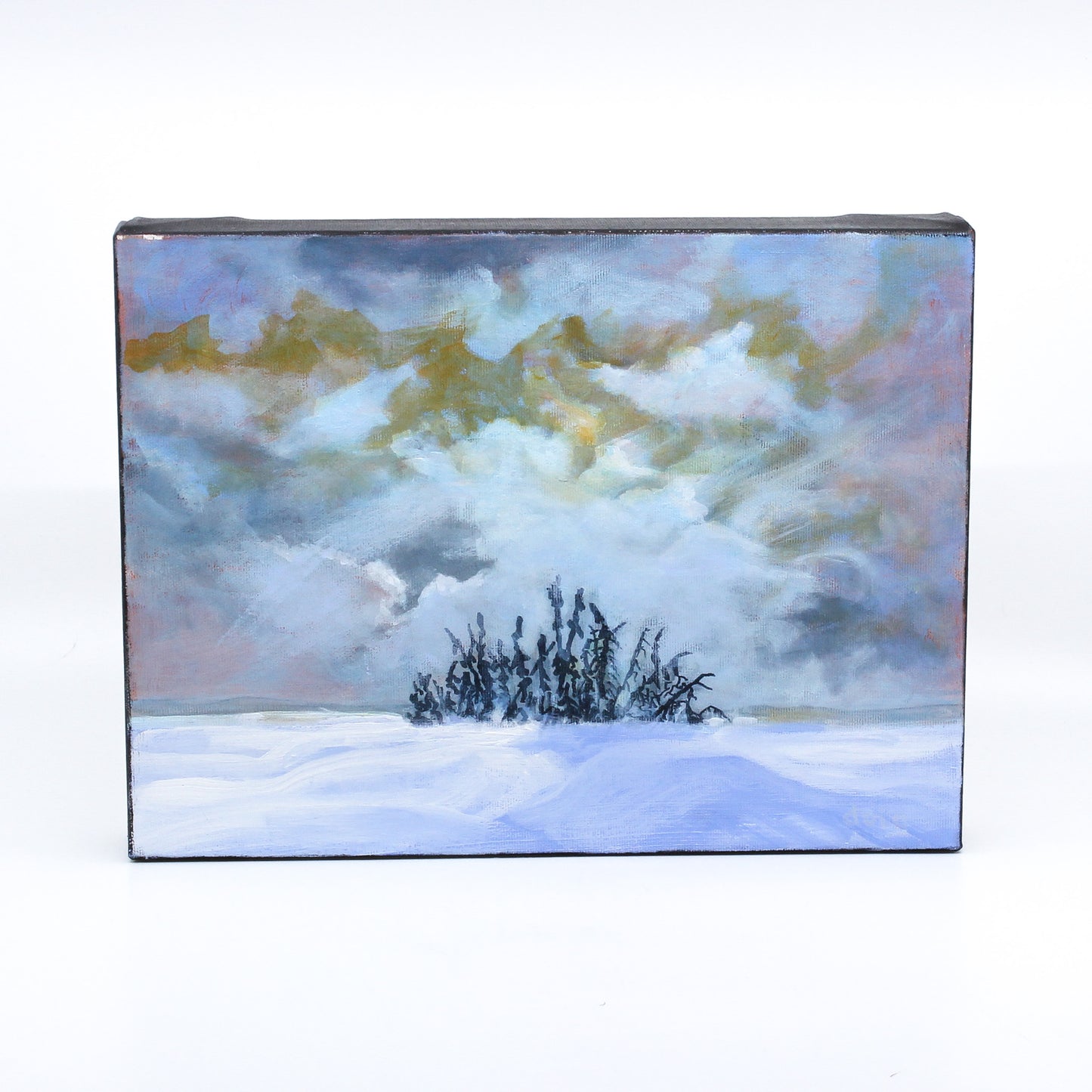 Acrylic painting of small tree grove in winter prairie