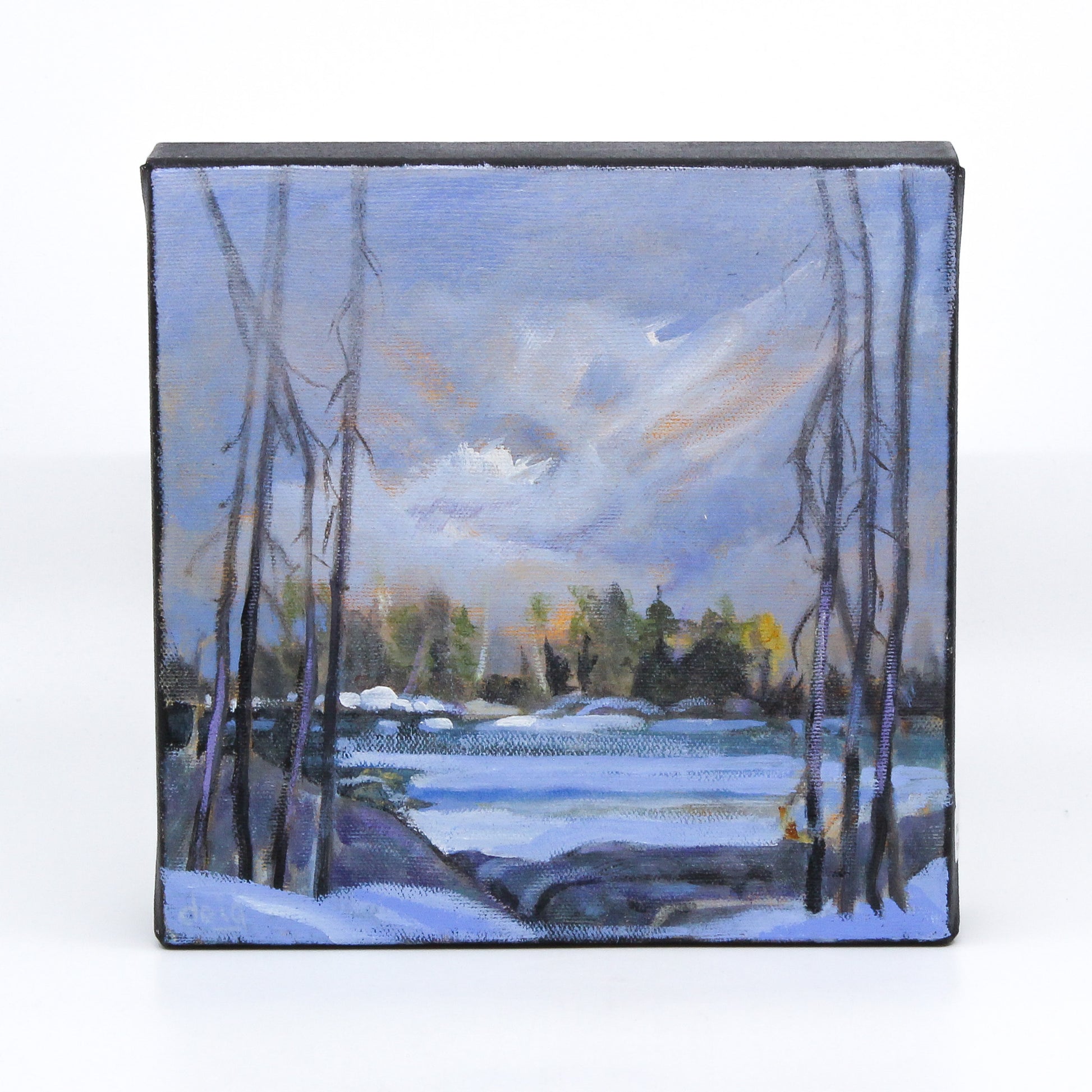 Acrylic painting of a winter lake