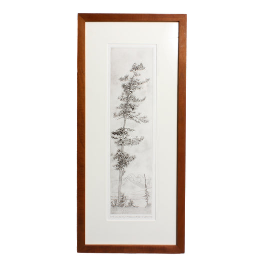 etching of tree with mountains