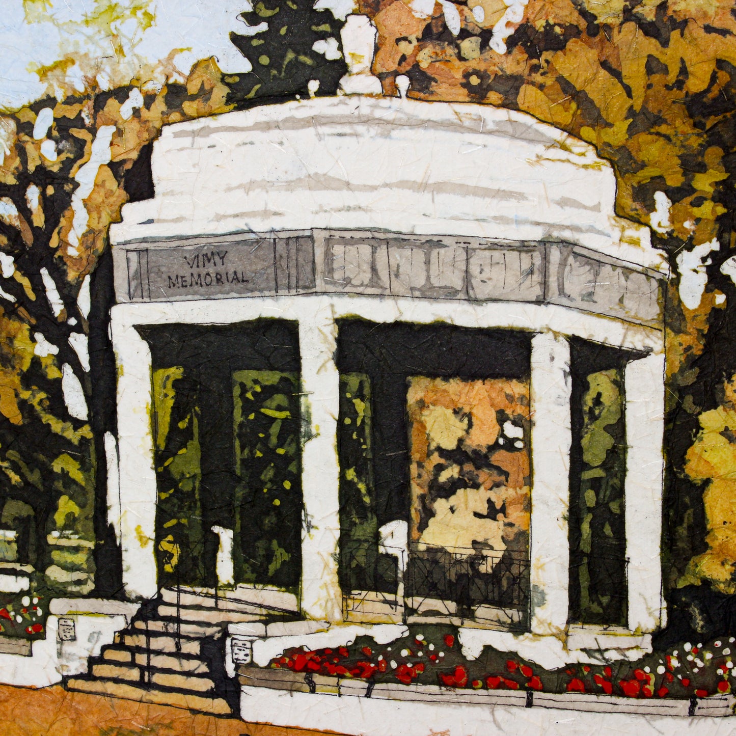 detail of watercolour batik of Vimy Ridge Memorial in Saskatoon