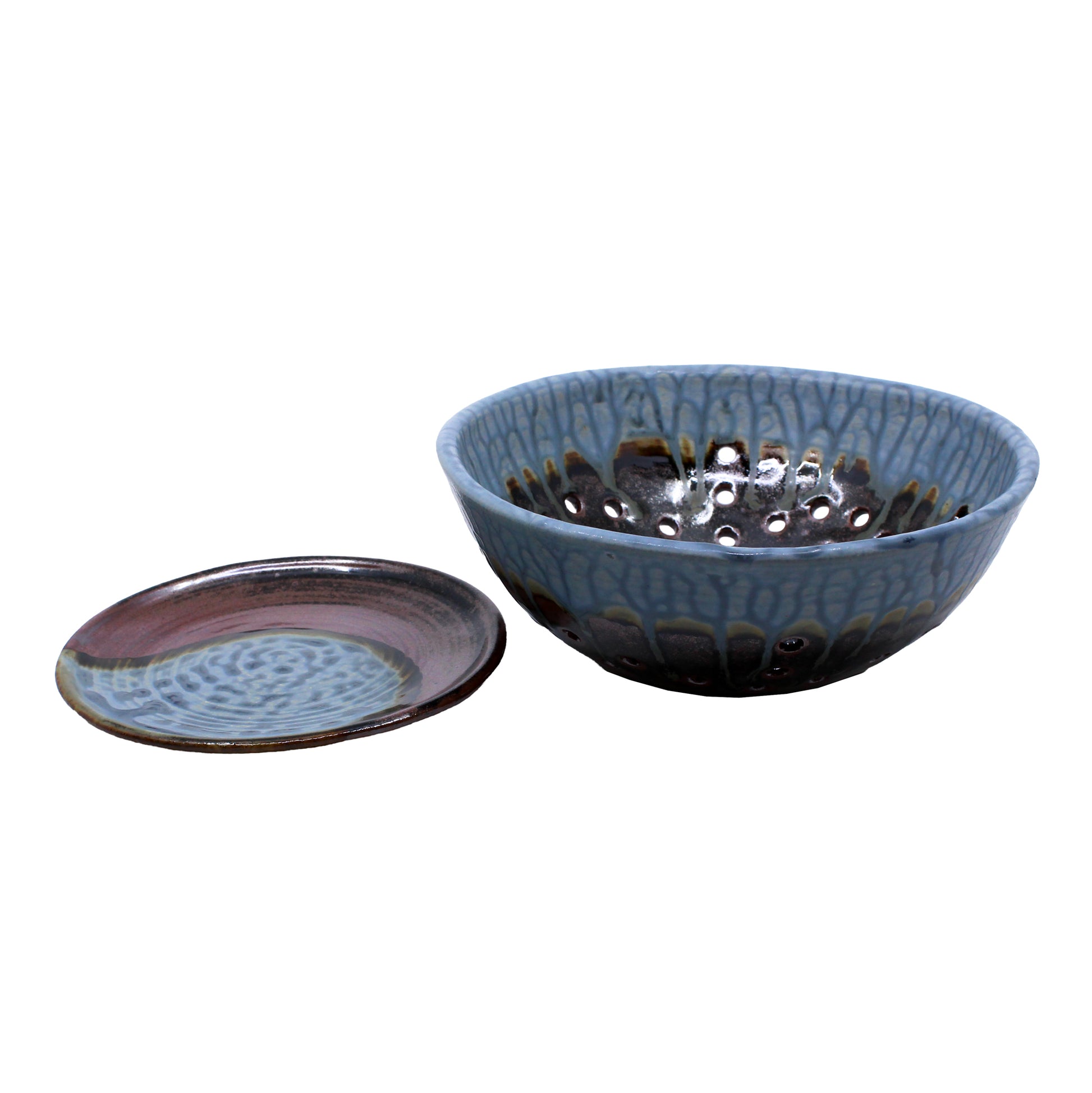 Blue and brown clay berry bowl