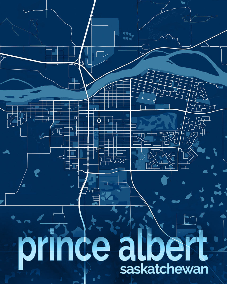 Blue and white map of Prince Albert