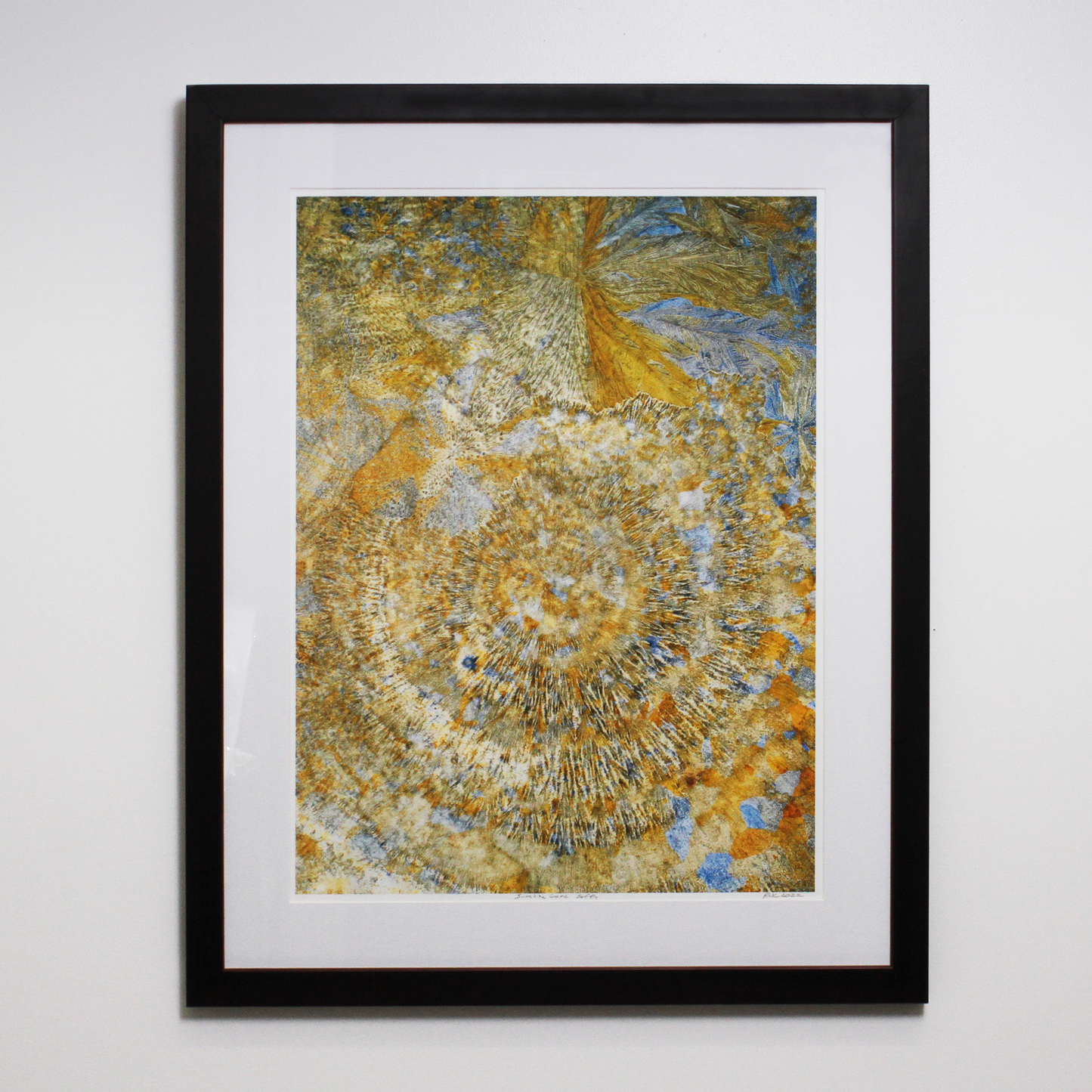 Abstract photo of ice crystals in yellow and blue