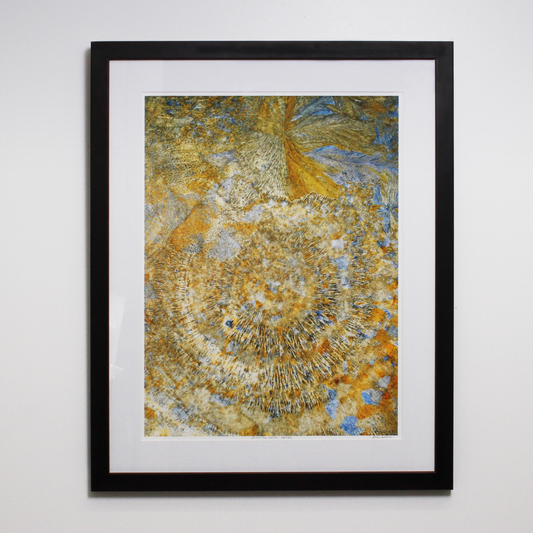 Abstract photo of ice crystals in yellow and blue