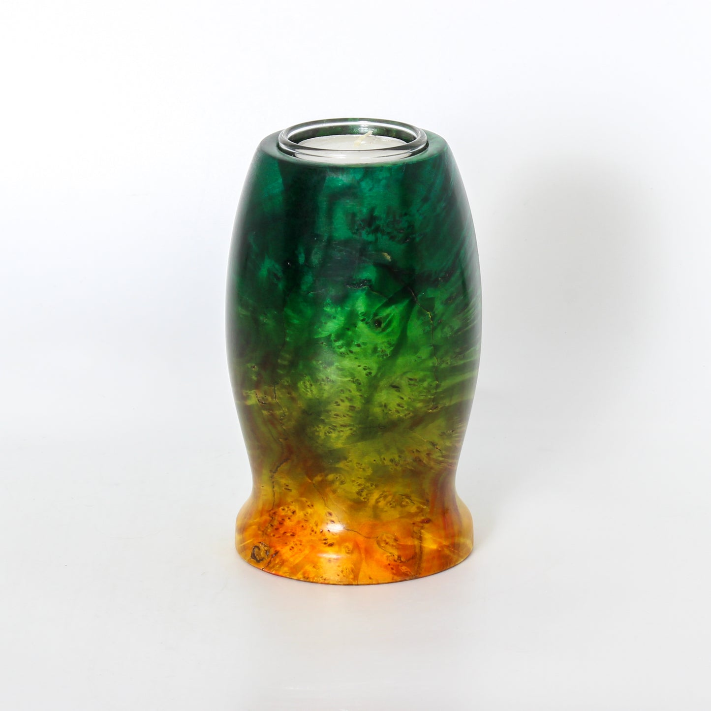 Green and orange stained burl wood candle holder