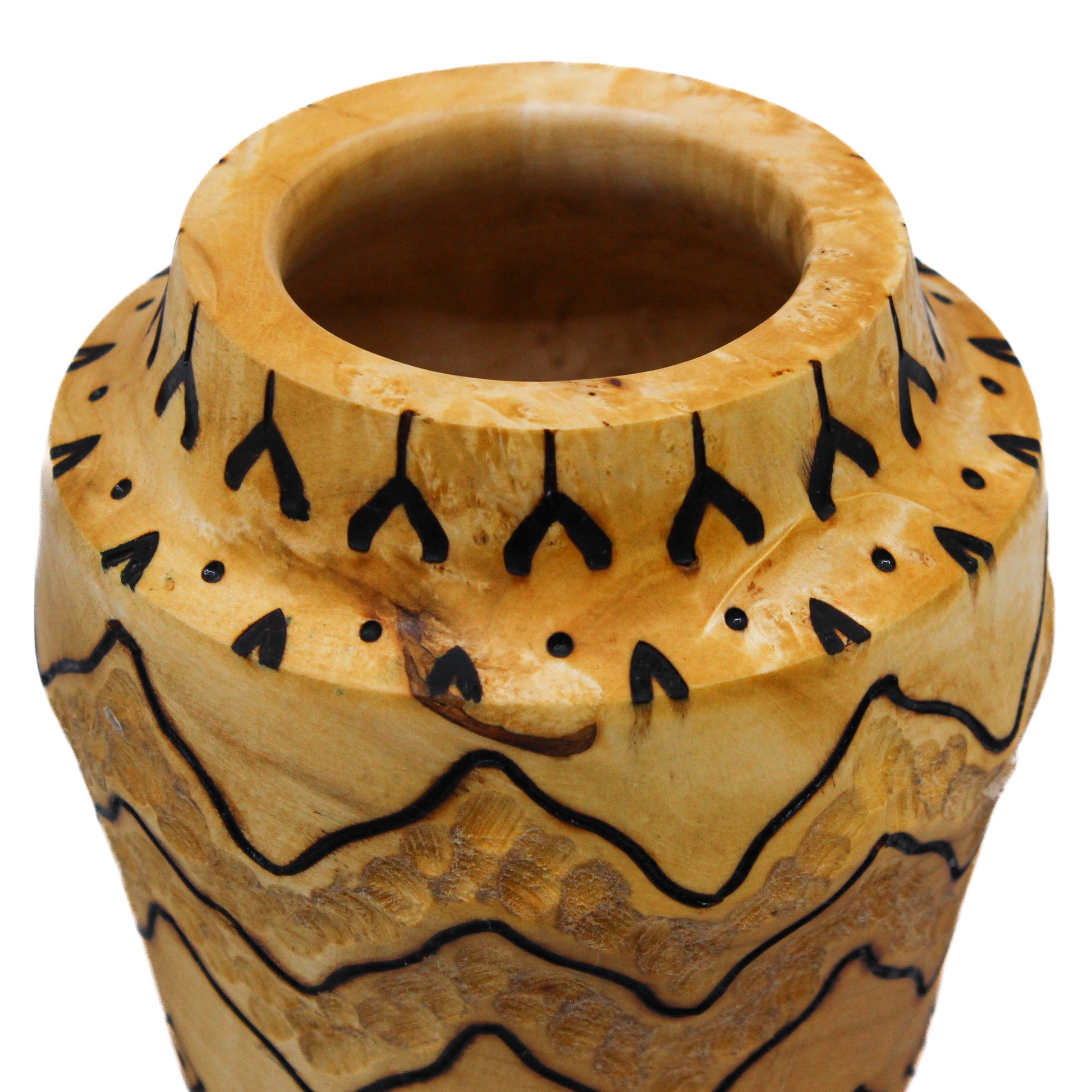 Wood vase with burning and carving