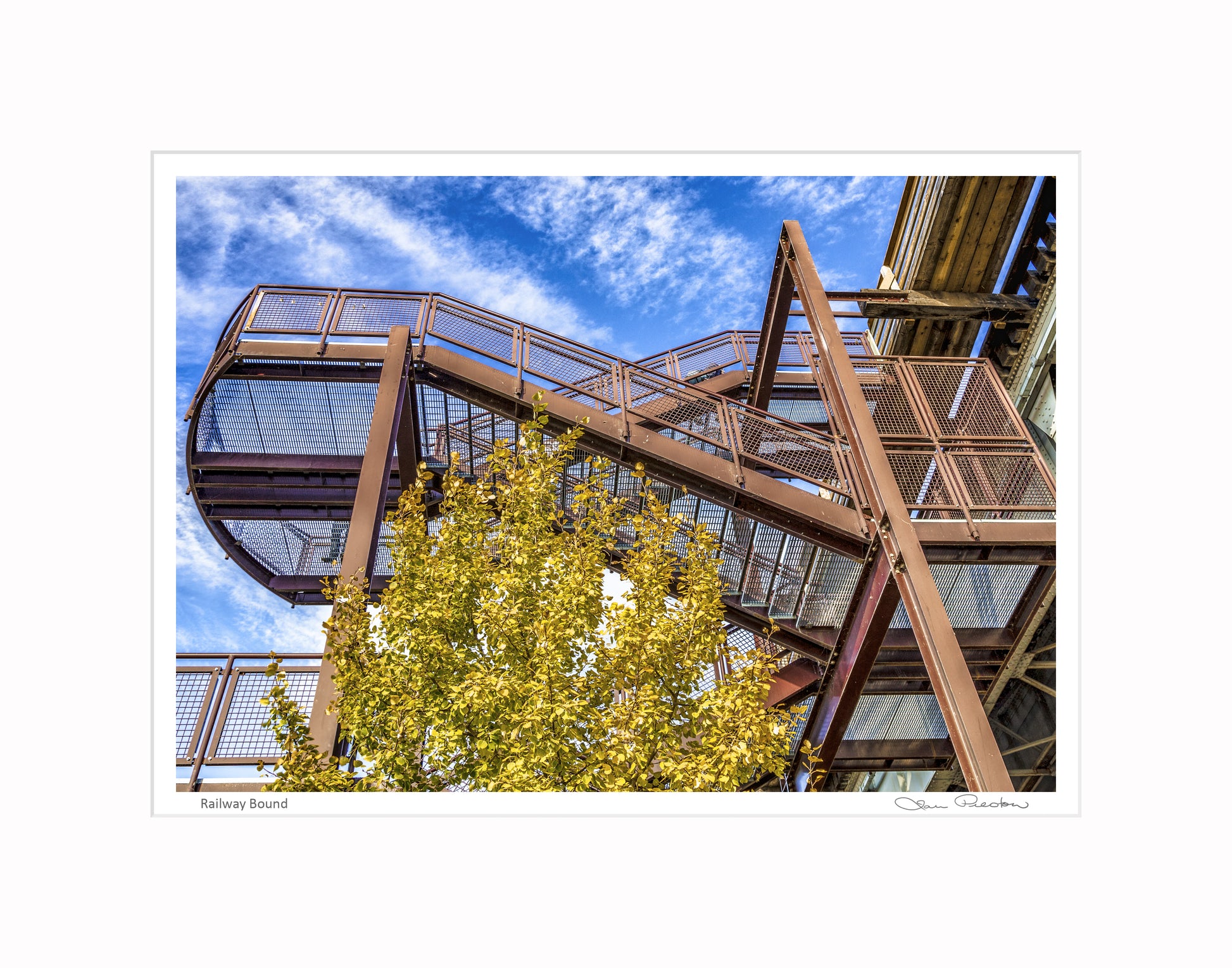 Photograph of metal stairs up to CPR Bridge in Saskatoon
