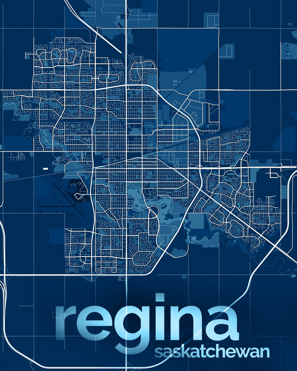 Blue and white map of Regina