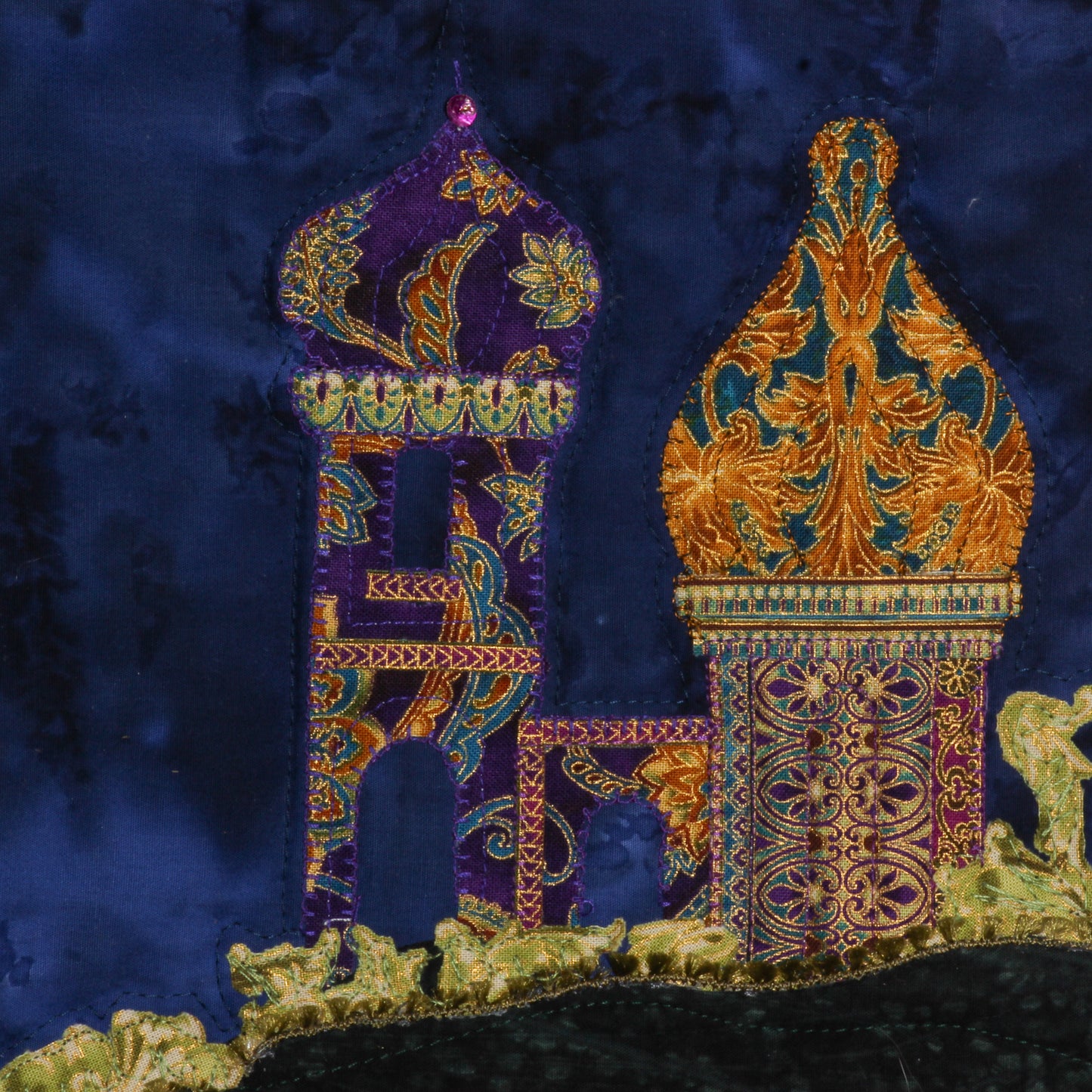 Thread painting of Byzantine architecture and moon