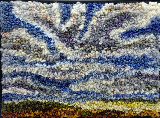 Rug hooking of dark stormy skies landscape