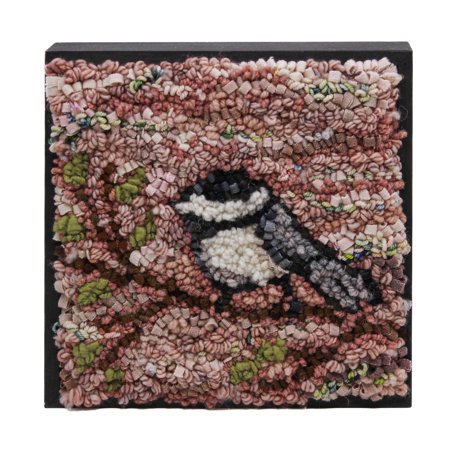 Pink chickadee rug hooking
