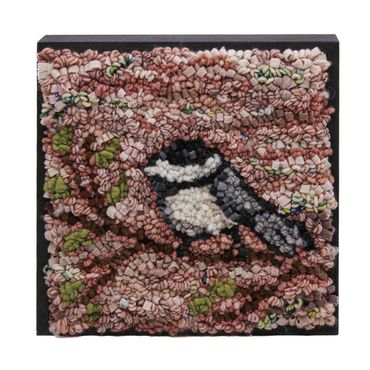 Pink chickadee rug hooking