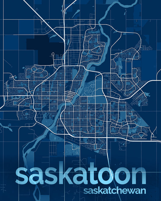 Blue and white map of Saskatoon