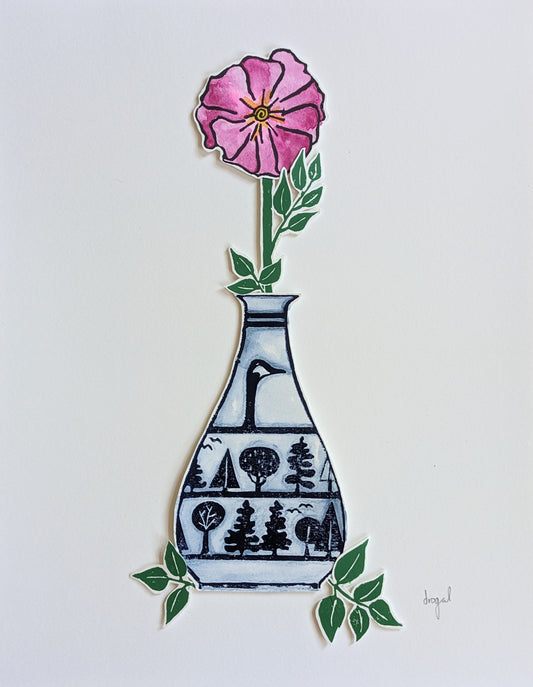 Cut out linoprint of wild rose in a vase with goose and trees