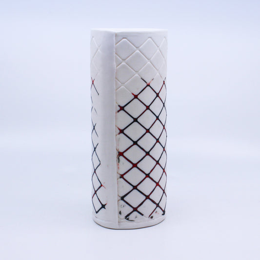 Cross-hatched vase with black and red