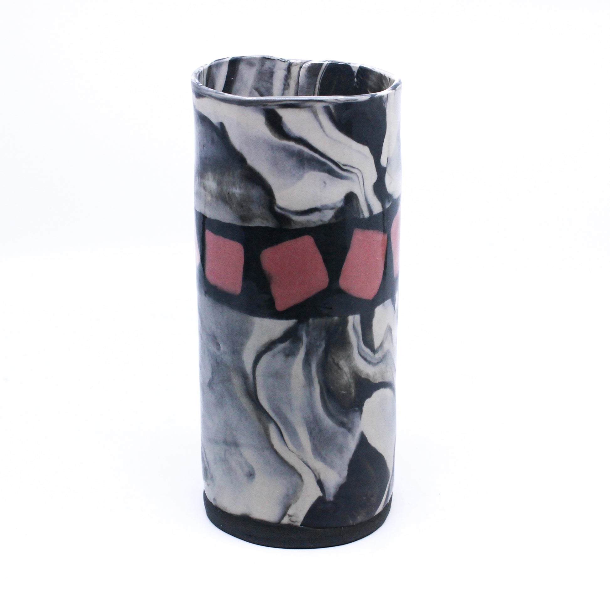 White, black and grey vase with red highlights