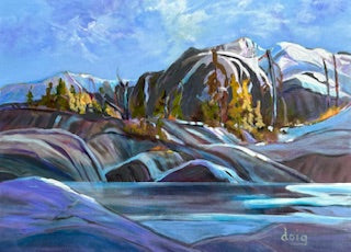 Painting of a mountain landscape with waterfalls and snow-capped peaks.