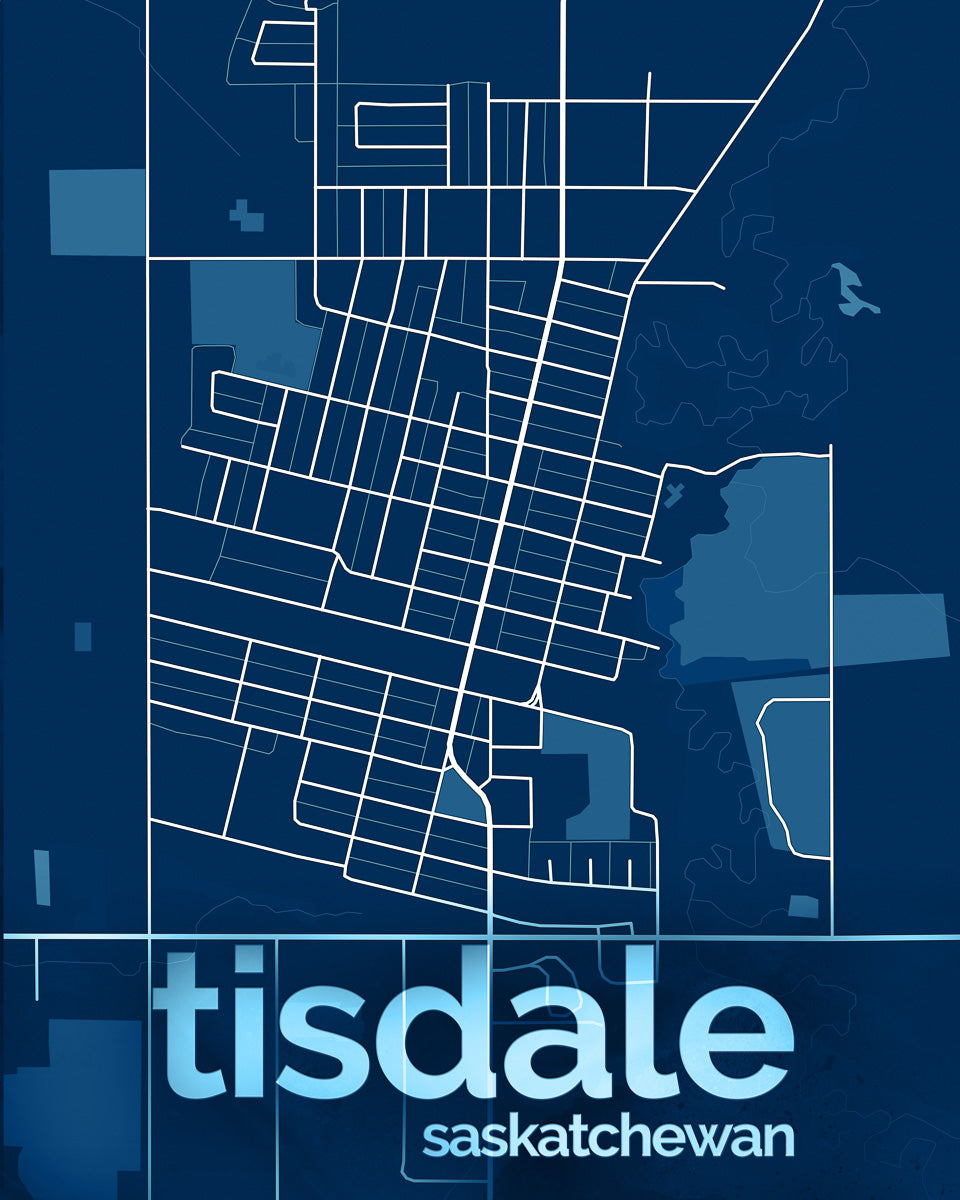 Blue and white map of Tisdale