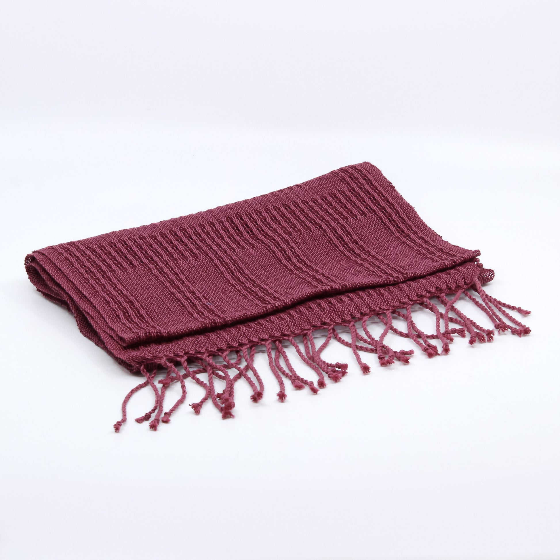 Burgundy hand woven scarf with fringe