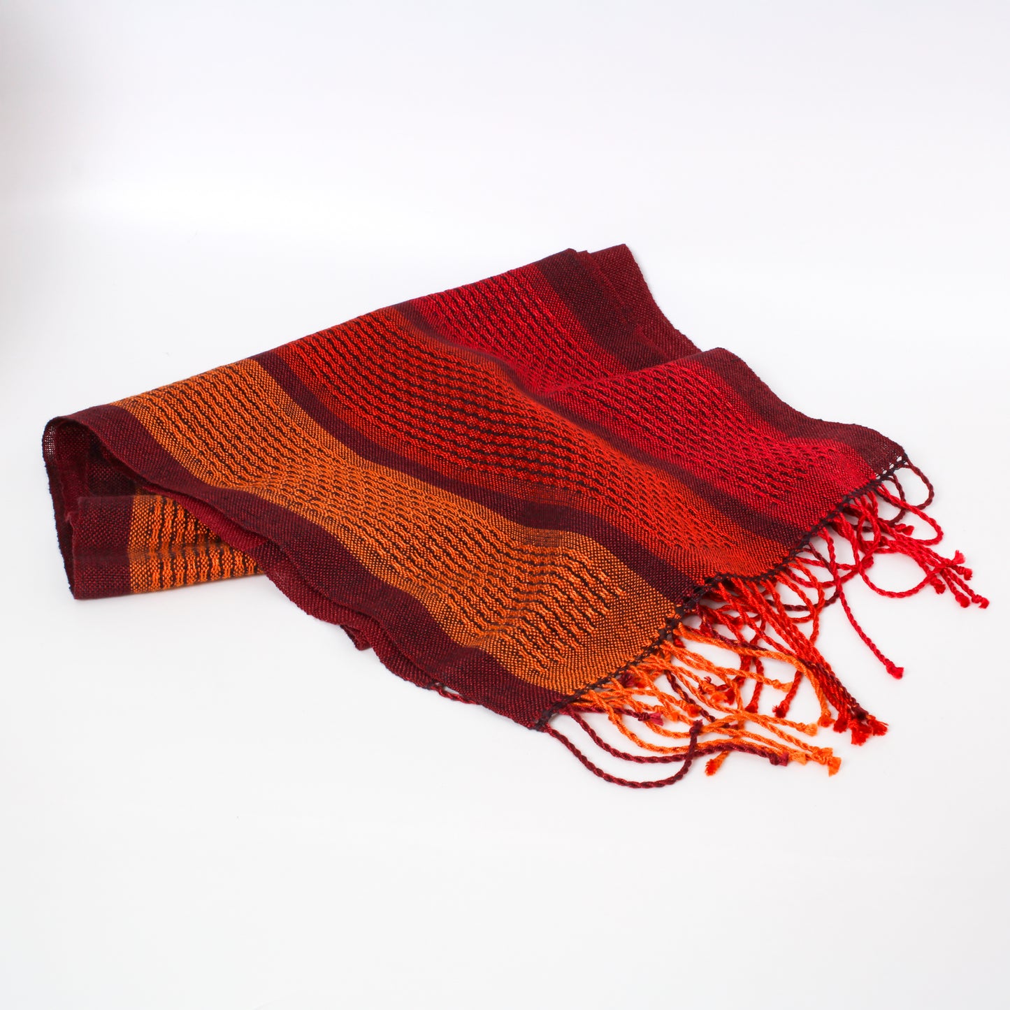 Red and orange striped scarf with fringes
