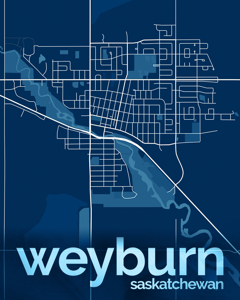 Blue and white map of Weyburn