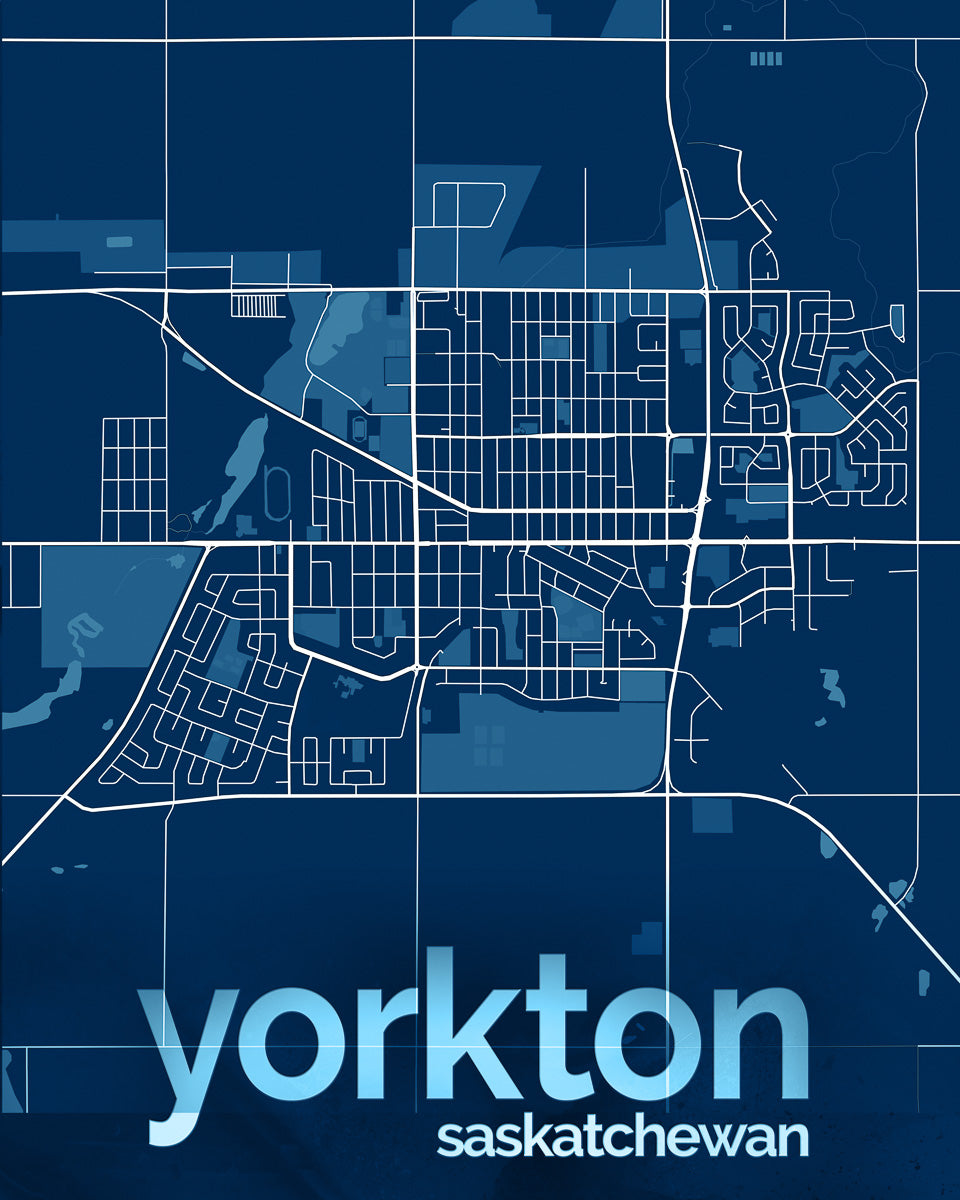 Blue and white map of Yorkton