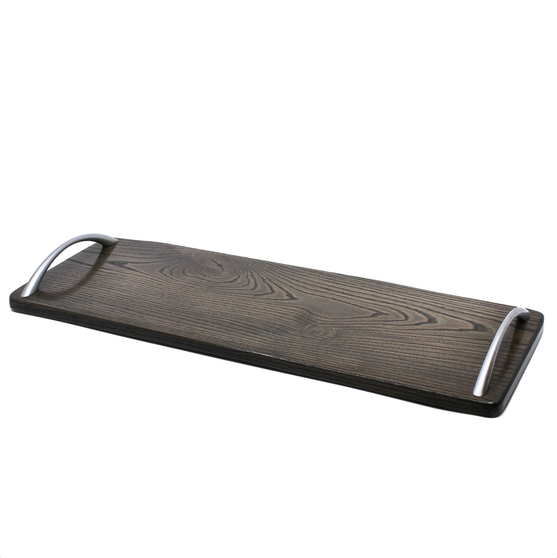 Long black tray with silver metal handles