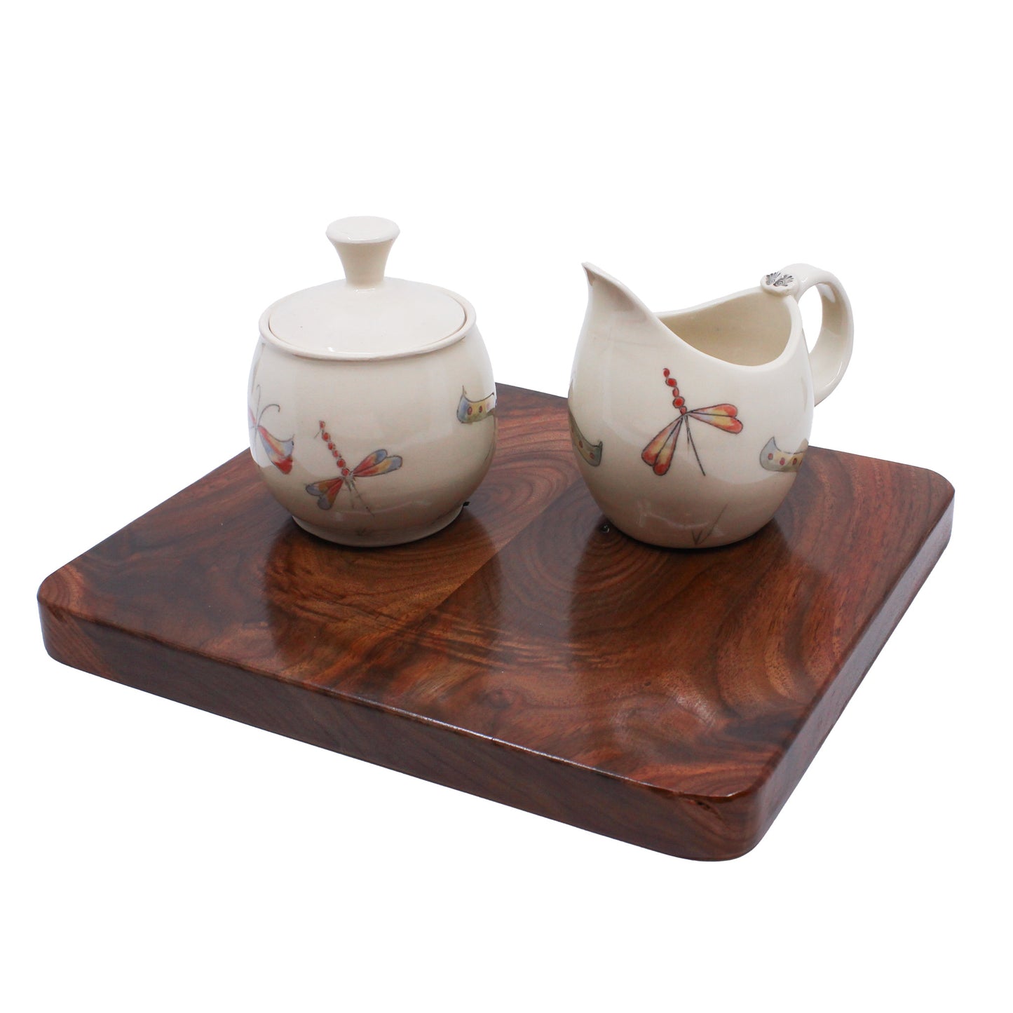 Black walnut board with example creamer sugar set