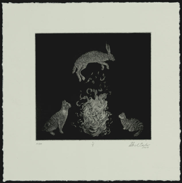 black and white mezzotint print of cats, bunny, and fire