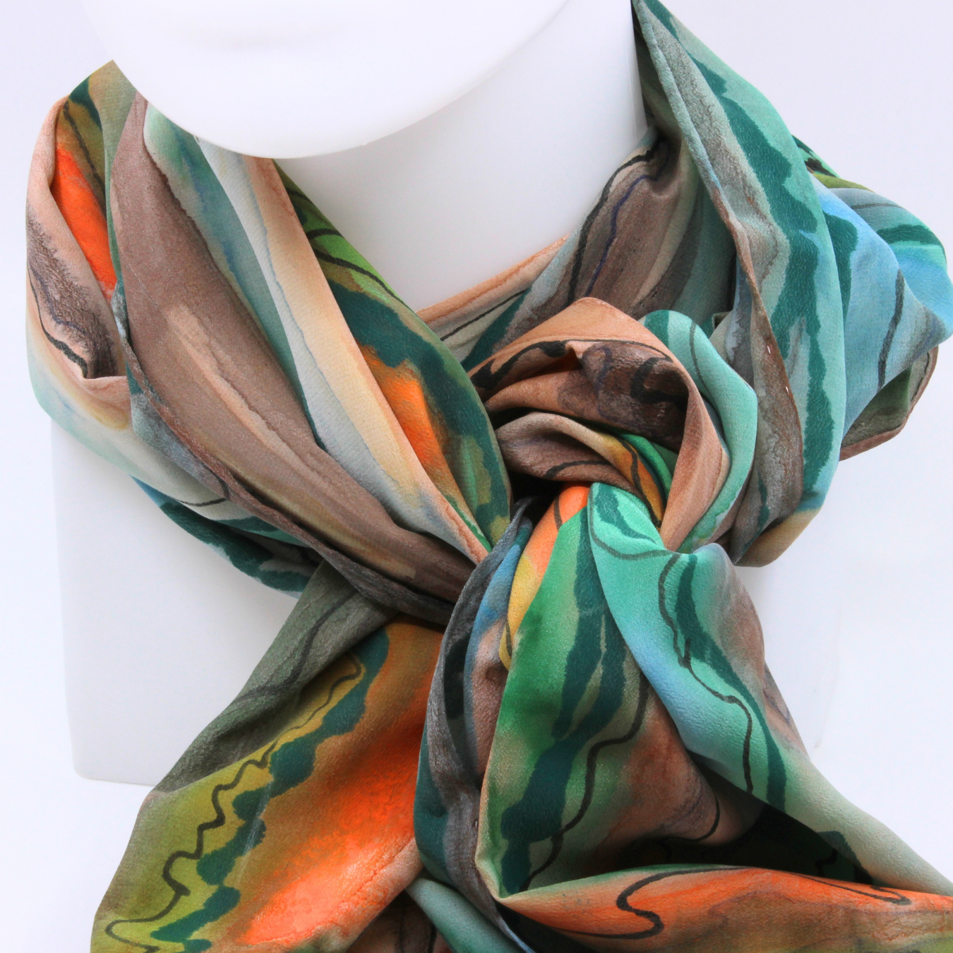 Abstract Linear Teal Orange Taupe Silk Crepe Scarf
