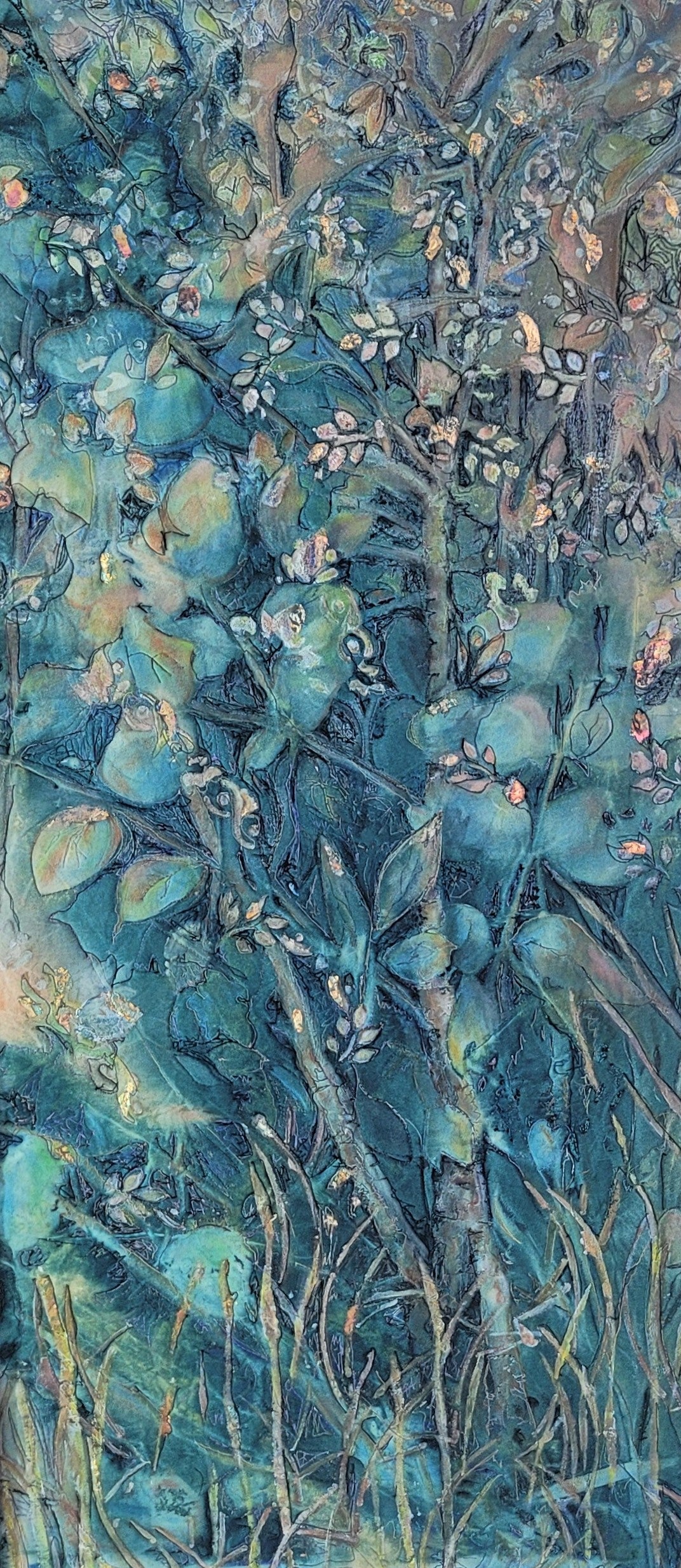 Teal and gold thread painting of foliage