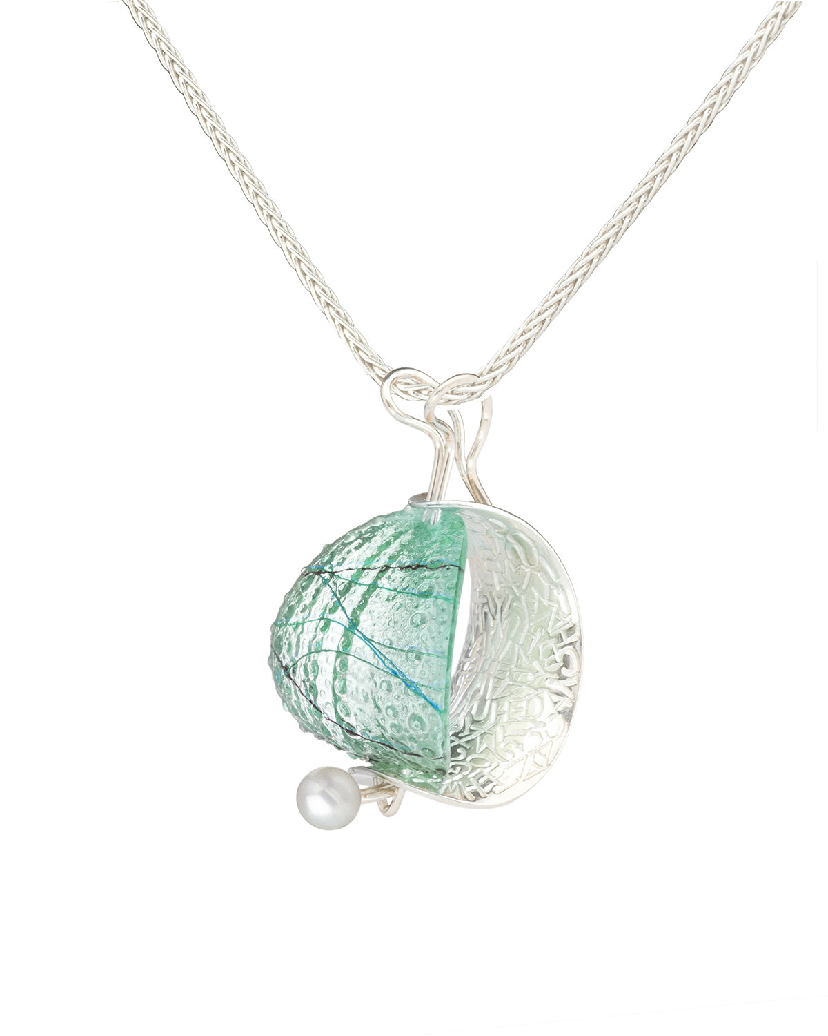 resin and silver necklace with pearl: teal