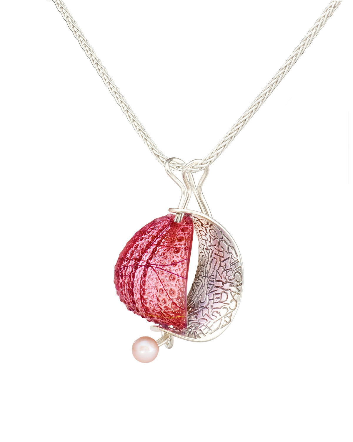 resin and silver necklace with pearl: red