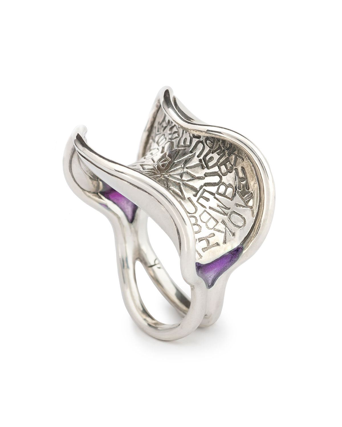 silver ring with letter carvings: purple
