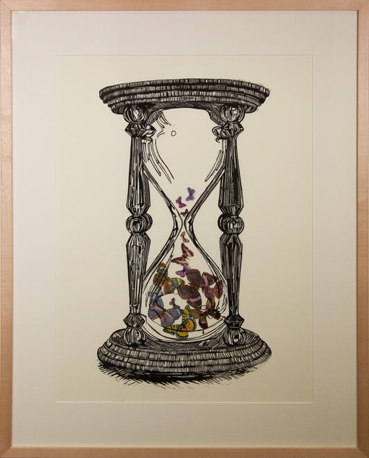 Framed silkscreen collage of butterflies in an hourglass