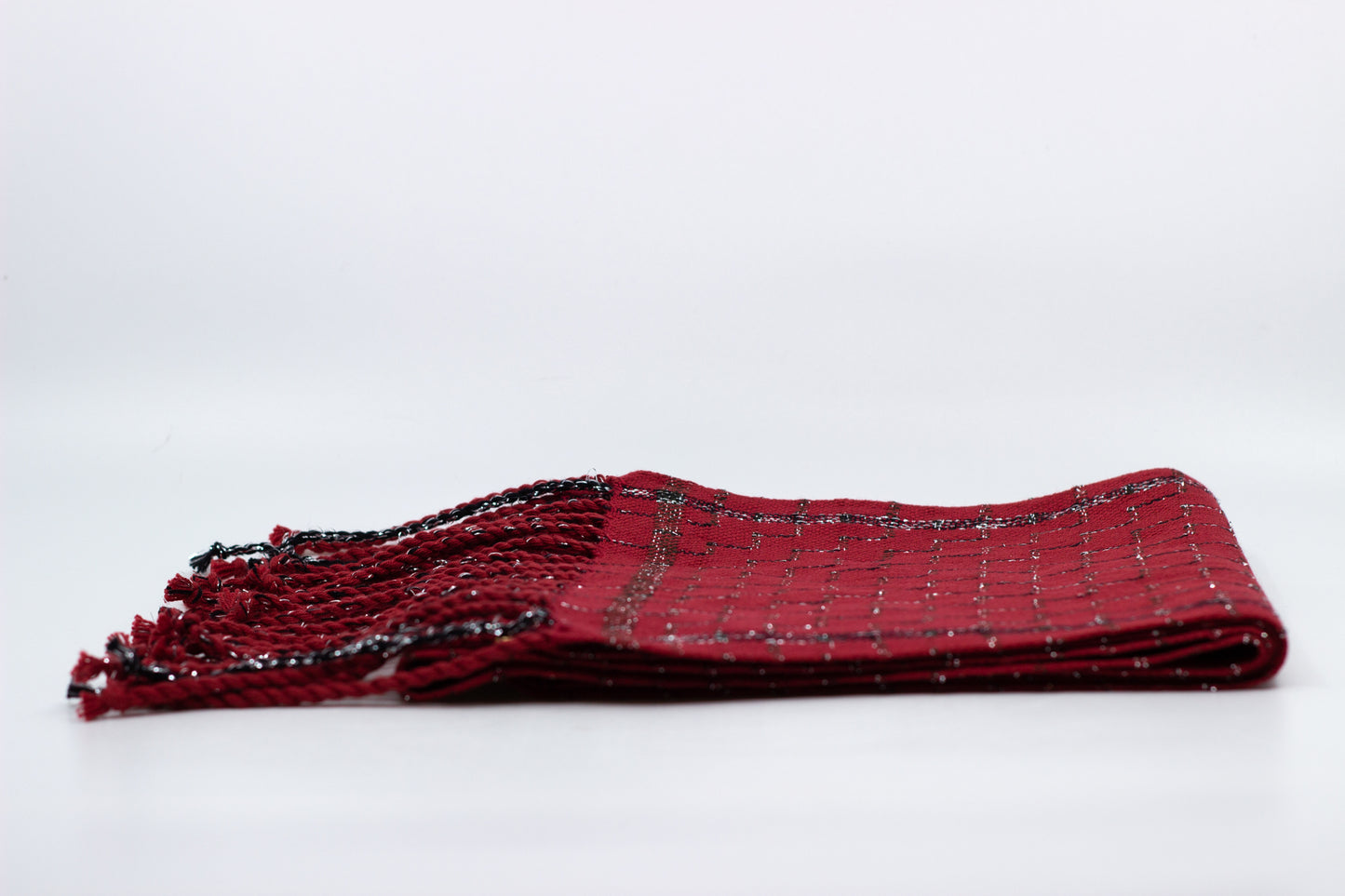Red, black and silver hand-woven scarf
