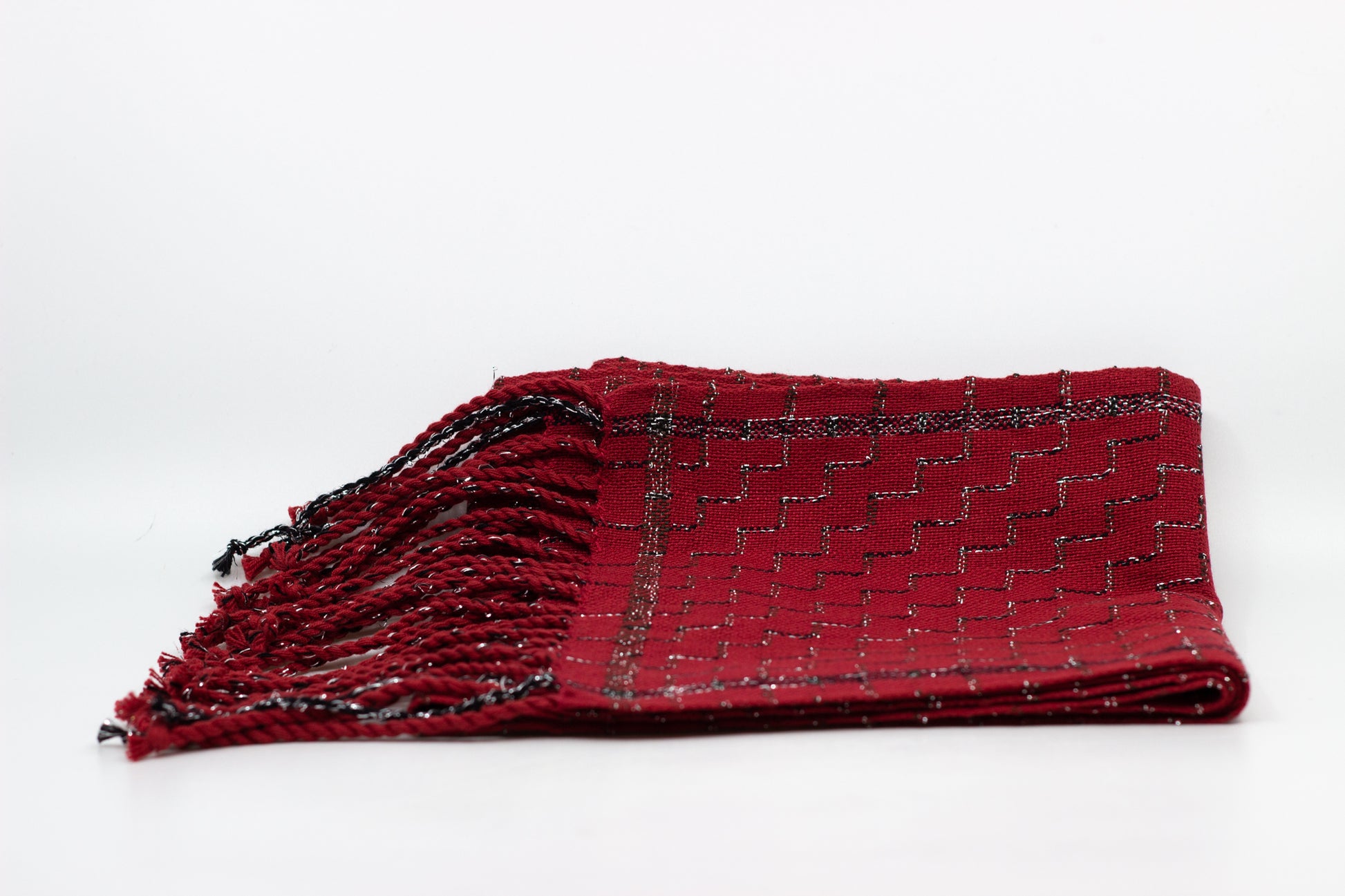 Red, black and silver hand-woven scarf
