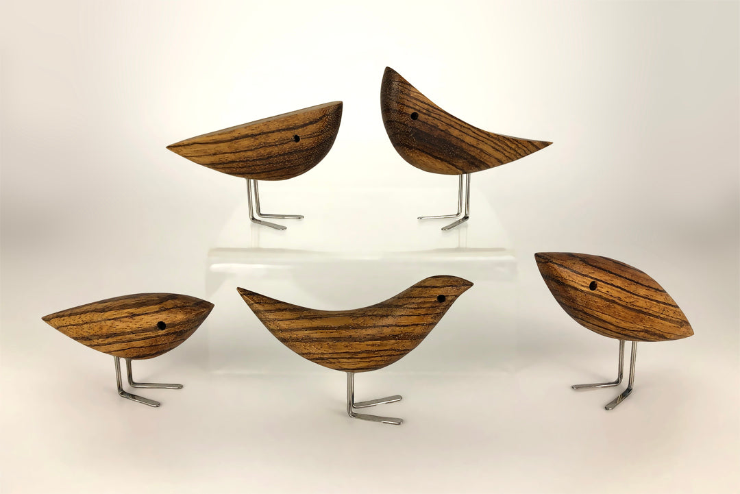 Five brown striped birds in abstract shapes and metal feet
