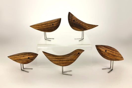 Five brown striped birds in abstract shapes and metal feet