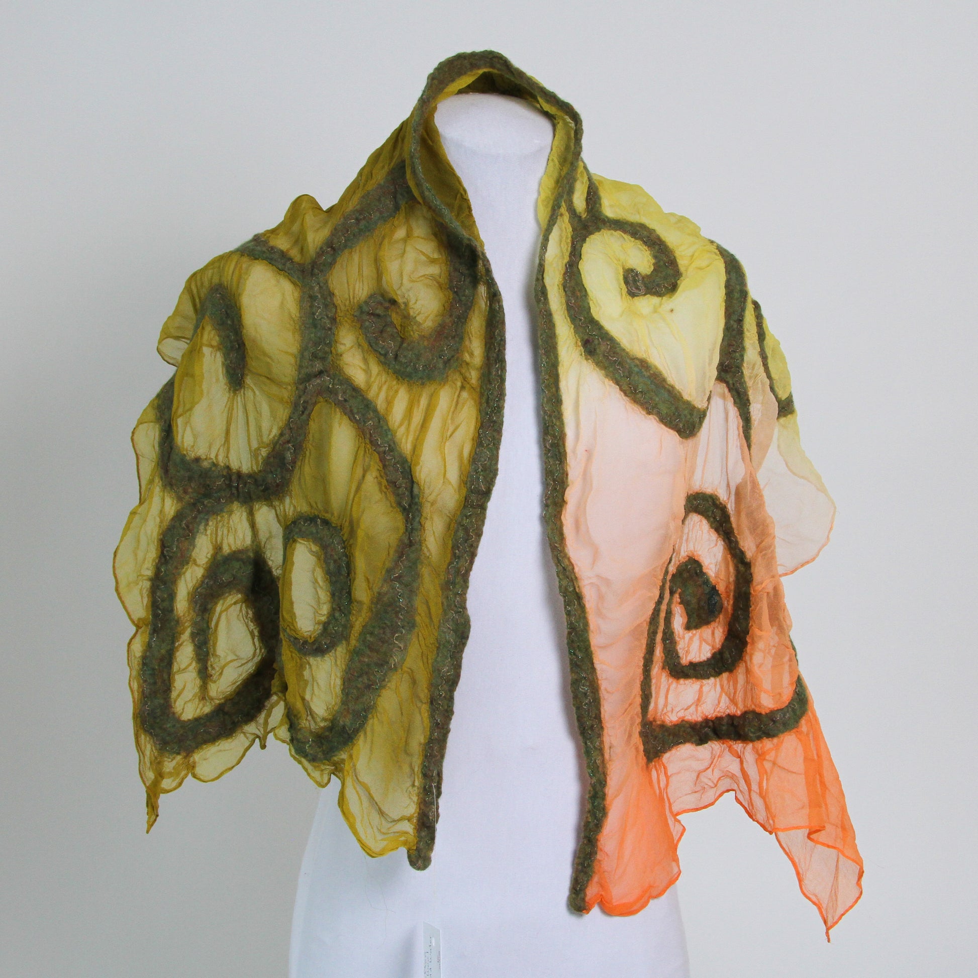 Green and orange gradient scarf with wool swirl detail