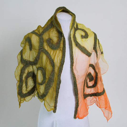 Green and orange gradient scarf with wool swirl detail