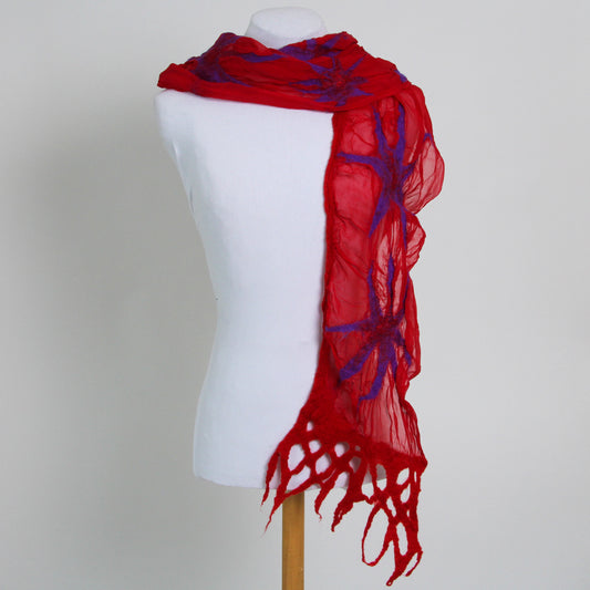 Red silk scarf with purple star felted shapes