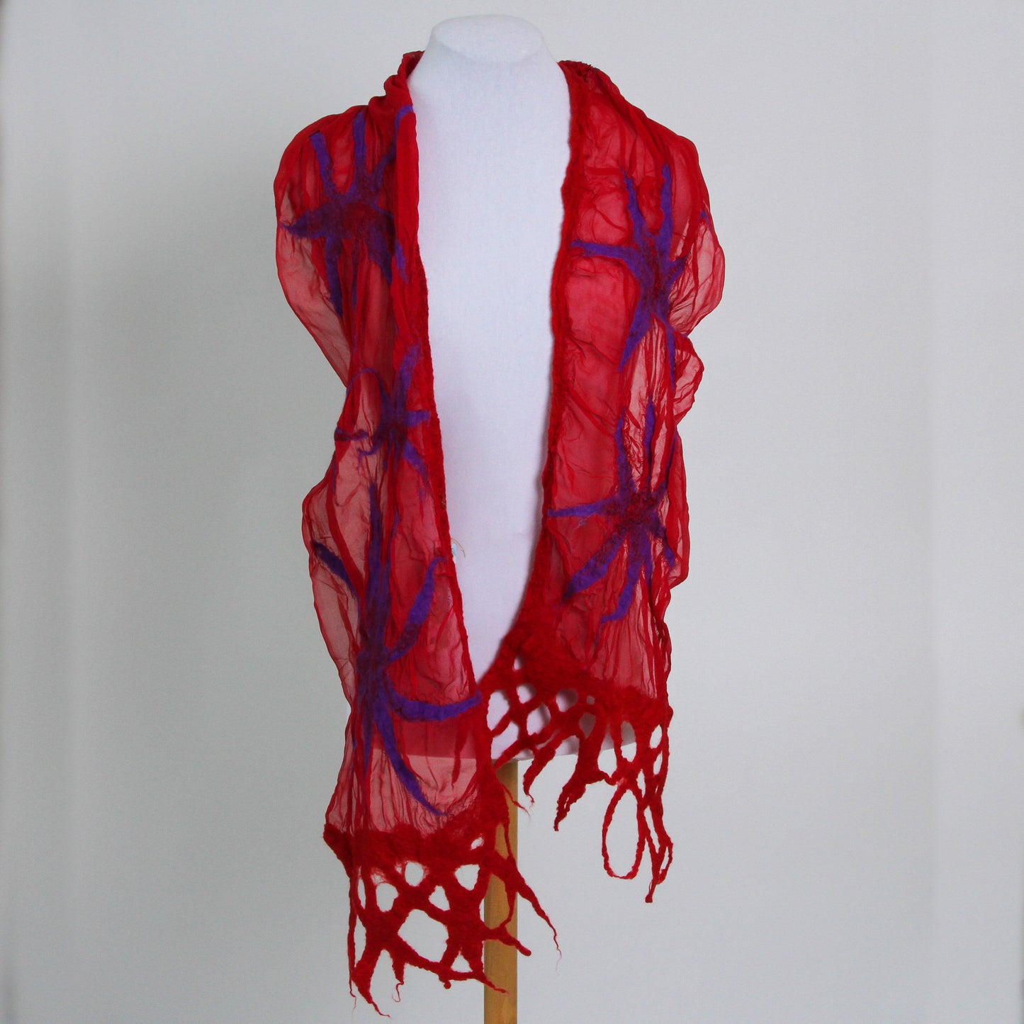 Red chiffon scarf with purple felted stars